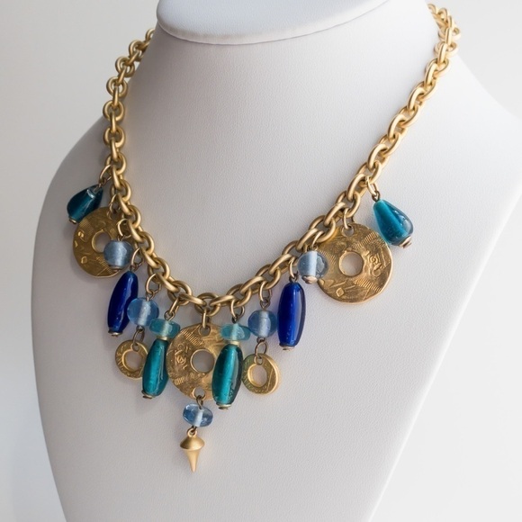 Chunky Gold Tone Charm Pendant Chain Necklace Blue Green Glass Deja Designs - Picture 4 of 13